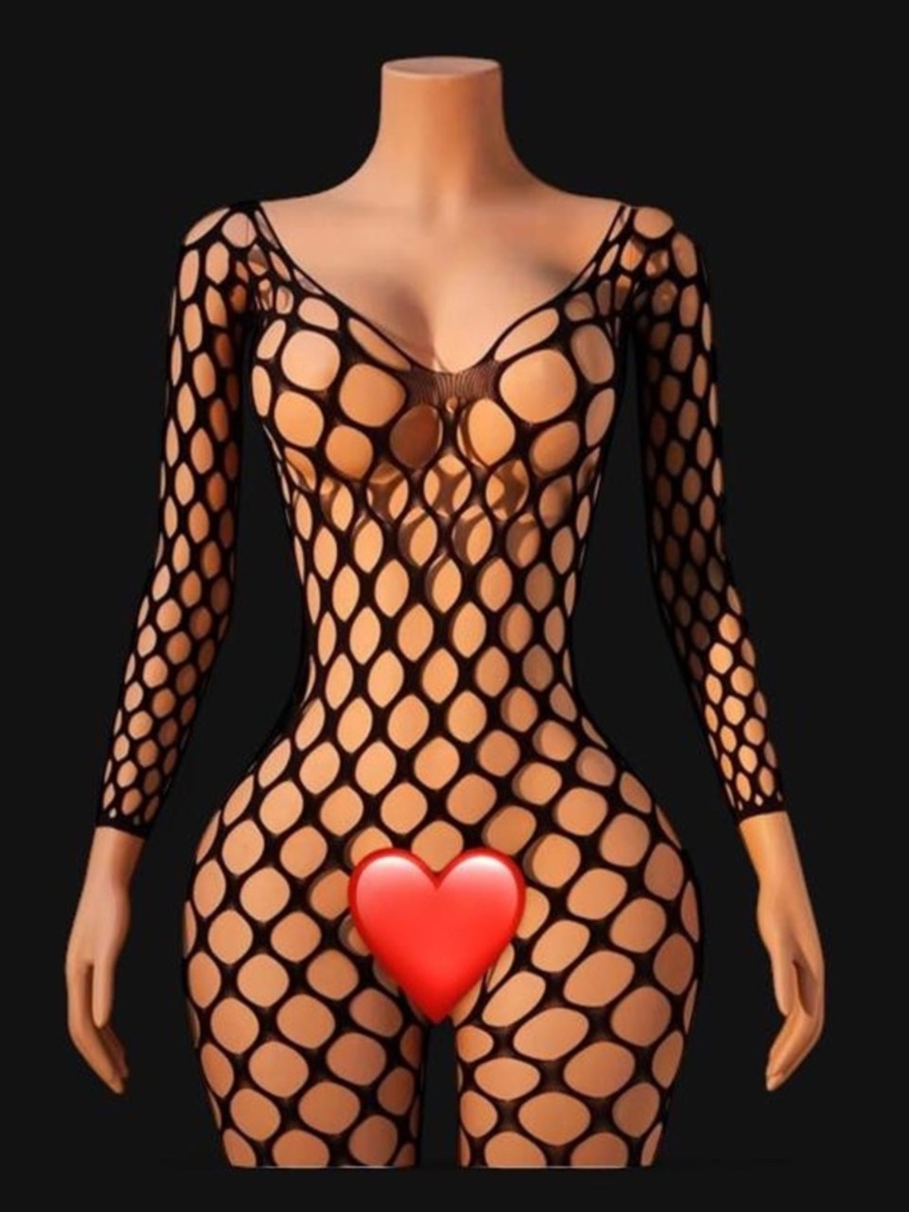 Black fishnet long sleeve bodysuit with circular cutouts